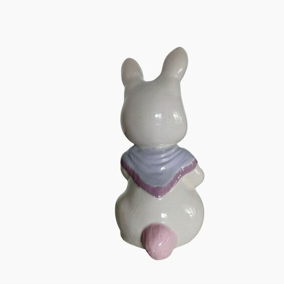 Ceramic Bunny Rabbit Figurine, Lavender Scarf & Pink Ears, Vintage Easter Decor - Picture 3 of 9